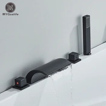 Черен Месинг смесител за вана с водопад, е широко разпространена Батерия за мивка с три дръжки, смесител за топла и студена вода, Смесител за душ в банята