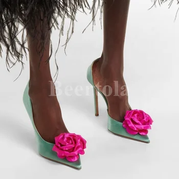 2023 Нови дамски обувки на висок ток с остър пръсти и големи рози, украсени с розов флорална декорация, Обувки-лодка с високи токчета, без закопчалка, Пикантни банкетни модела обувки