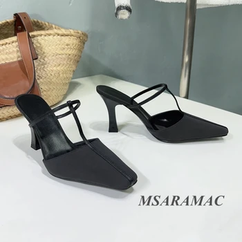 Летни черни сатенени чехли на висок ток с квадратни пръсти и с Т-образна завязкой, Дамски елегантен модел обувки с подплата от естествена кожа, висококачествени дамски обувки