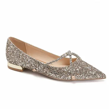 2024-Големи размери, висококачествени сребърно-златни блестящи кристали, обувки-лодка с остри пръсти, женски сватбени обувки на нисък ток, удобни за ходене, Офис Дамски обувки