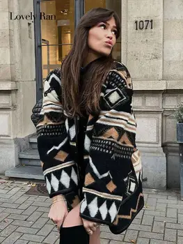 Вълнена жилетка с геометрични принтом в стил мозайка, женски однобортный топ свободно намаляване с дълъг ръкав, есенни палта със своите джобове