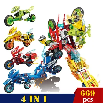 669ШТ Робот трансформиращ растежен Детски Строителни Блокове Играчки За Момчета Развитие на Трансформация 4 в 1 Мотоциклет Mecha 4 Цвята Мотоциклет