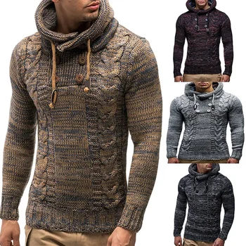 2023 Европейската и американската мъжки вязаная връхни дрехи, есенно-зимния пуловер с качулка с голям размер с високо воротом