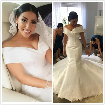 Vestido De Noiva 2021 Арабски благородни Секси прости сватбени рокли на русалка от сатен с V-образно деколте, елегантни сватбени рокли
