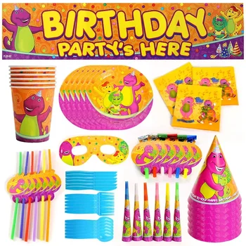 Украса за парти в чест на рождения ден в стила на динозаврите, посуда, хартиена чаша, чиния, Кърпички, Шапка, Слама банер, маска за очи, детски душ, подаръци за деца