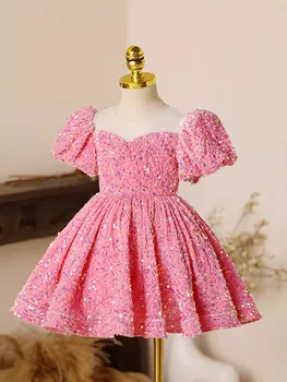 Луксозни розови блестящи рокли с цветя модел за момичета, рокли за момичета, рокля на принцеса за момиченца, дрехи за сватбени партита, детско парти за момичета