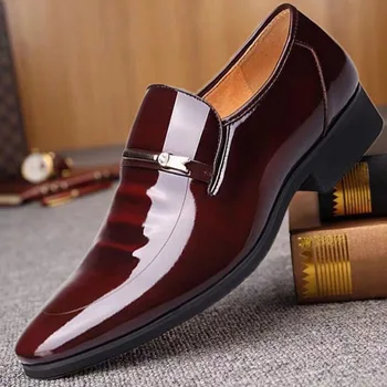 Кожени Мъжки Обувки Луксозна Бизнес Оксфорд Дишаща Лачена Официалната Плюс Размера На Мъжки Офис На Сватбени Обувки На Равна Подметка Мъжки Черна