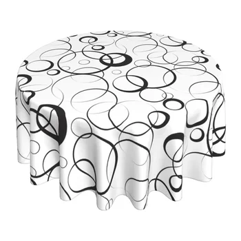 Покривката от полиестер в бохемския черно стил с кръгова линия, моющаяся, декоративно покритие на масата, водоустойчив кръгла покривка от 60 сантиметра
