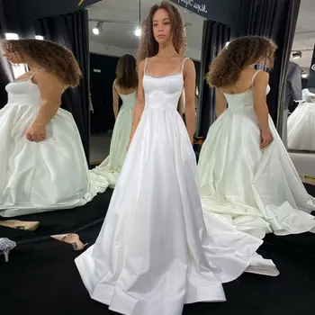 Винтажное Атласное Сватбена рокля 2024 с квадратна яка, без ръкав, с влак, Луксозно Елегантна Женствена рокля Vestido De Noiva