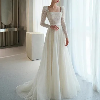 Сватбена рокля С дълъг ръкав и Тромаво яка, Луксозна Сватбена Рокля Vestidos Para Mujer 웨딩드레스 2024