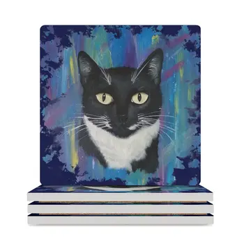 Черно-бели керамични подложки за kitties (квадратни), комплект чаши, керамични поставка за кафе чаши, подложки