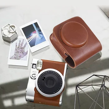 Ретро чанта за камера от изкуствена кожа, чанта с регулируема пагон, защитен калъф за камера с джоб за миг камерата Instax Mini 90