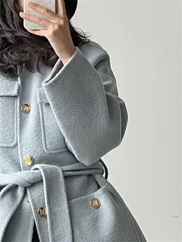 Женско синьо вълна палто с кръгло деколте, четири джоба, дамски връхни дрехи с дълъг ръкав, однобортная топло яке, блузи с коланите