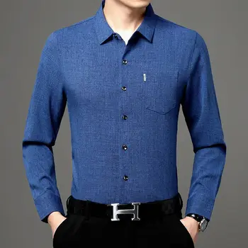 Есен нова мъжко бельо риза в китайски стил с дълъг ръкав, монофонични квадратен силует, джоб с копчета, бизнес случайни универсален моден тренд