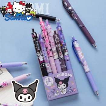 6шт Истински Гел писалка Sanrio Kuromi Press Type Неутрална Дръжка Черна Химикалка за подпис 0,5 Студентски Творчески Дръжка от сърце за сладки момичета