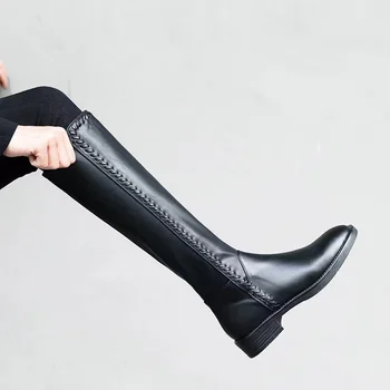 Есен-зима 2024, нови дамски ботуши до коляното на британския стил, черни, без шипове, knight