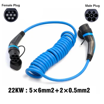 EVSE 5 Метра 22 кВт 32A 3-Фазно Спирален кабел за зареждане на електрически превозни средства Тип 2 Тип 2 EV синя Спирала За Кабели Зарядно Устройство За електрически автомобили