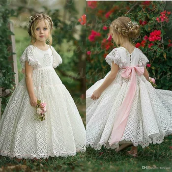 Сватбени рокли за момичета-цветочниц с аппликацией под формата на голям banta, дълги елегантни рокли от бял тюл за момичета, рокли за първо причастие