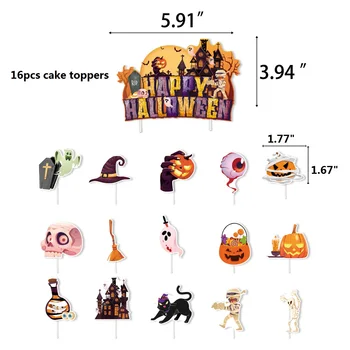 Украса на Торта за Хелоуин, Тиква, Зловещ, на Черна Котка, Скелет, Замък, Топперы За Торта, Флаг За Торта Happy Halloween, 16шт