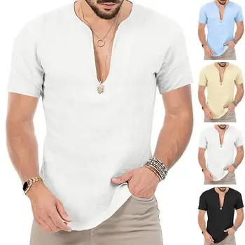 Однотонная мъжка риза, стилни мъжки плажни дрехи, приталенная тениска с V-образно деколте, летен случайни пуловер, монофонични топ 3 години