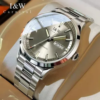 I & W Carnival За мъжки часовници, Япония, автоматични механични ръчни часовници Miyota, син сапфир люминесцентный Водоустойчив, календар, бизнес часовници