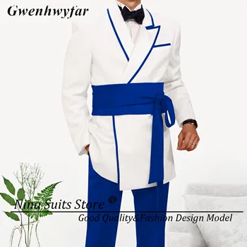 Мъжки костюми ръчна изработка Mimski Store Бяло сако с асиметрични ревера Панталони кралския син цвят и колан 2024 Модерен мъжки костюм за партита