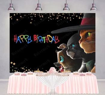 PatyBar Ботуши Cat Swordsman Background Фон за детски рожден ден, плакат на филма, Винил банери за фотография, Декоративен подпори