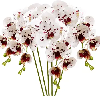 5 Бр Изкуствени Цветя, Орхидеи, Бели с Оцветени Изкуствени Цветя Фаленопсиса 28-Цолови Cauline Растения за Дома Сватбена Украса