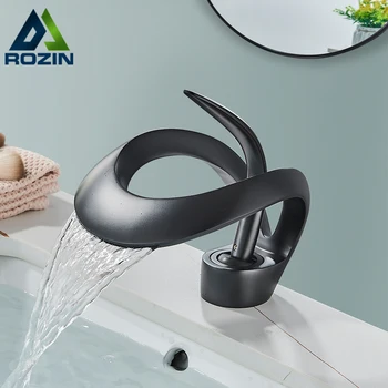Луксозен черен смесител за мивка Rozin, сив миксер за водопад в банята, месинг кран за мивка в съвременен стил, батерия за мивка с топла и студена вода