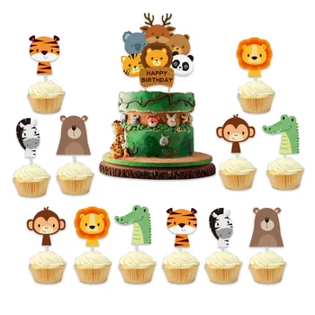 Нов topper за торта с горски животни, сафари в тропическите джунгли, Лъв, Слон, Жираф, Маймуна, украса за торта за Първия рожден ден, сладък подарък