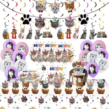 96 бр. Аксесоари за парти в чест на рождения ден на привлекателен котка, украса за мяукающих домашни любимци за момичета и момчета, включително банер с изображение на котешка мордочки, хартиени чинии за коте