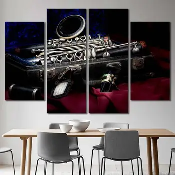 HD Картина, платно с няколко ламперия, отпечатани в рамка, на музикален инструмент, синьо-червени саксофони, куфар, готов да се мотае в стаята