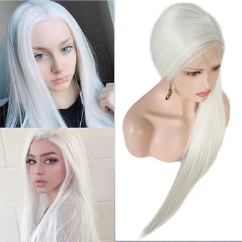 Дълъг платиново-бяло синтетични перука на дантели с естествена линия на растежа на косата, прави прозрачни дантелени перуки за жени от устойчиви на топлина влакна