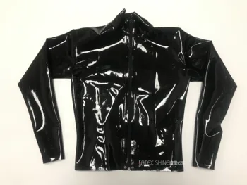 Секси черна фетиш-яке от латекс, каучук палто с цип отпред
